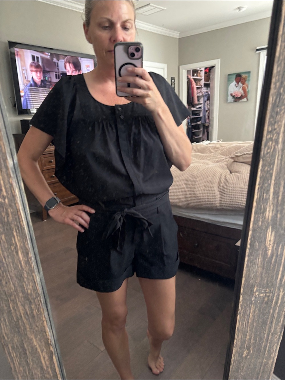 Ted Baker Black Short Sleeve Tie-Waist Romper
